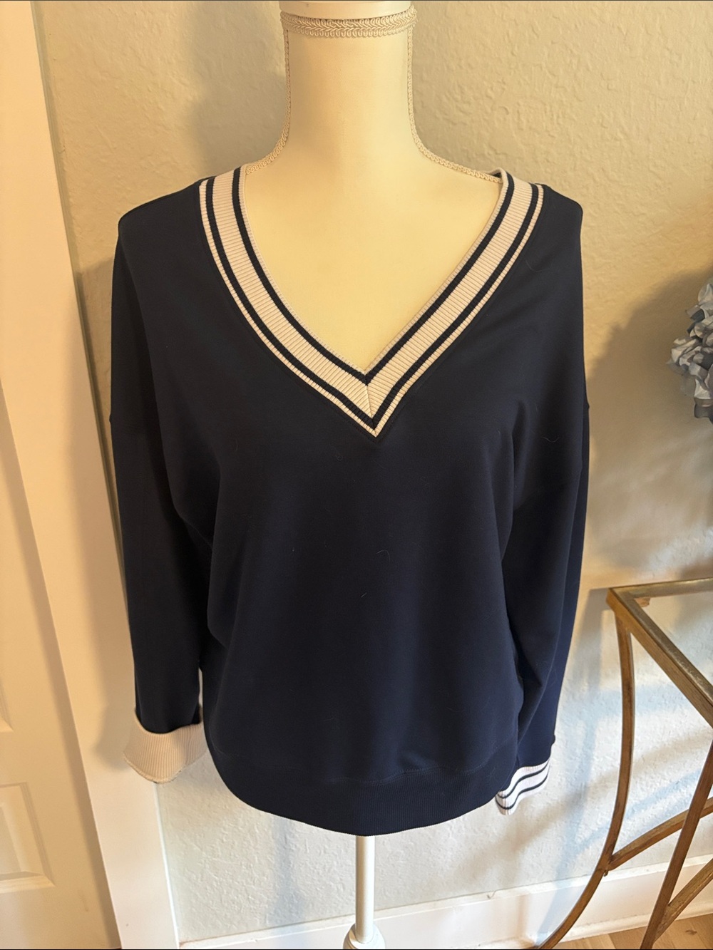 Sincerly Jules Navy V-Neck Sweater with White Trim
